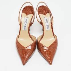 Pre Owned Jimmy Choo Brown Croc Embossed Leather Thandi Slingback Pumps Size 40