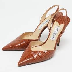 Pre Owned Jimmy Choo Brown Croc Embossed Leather Thandi Slingback Pumps Size 40