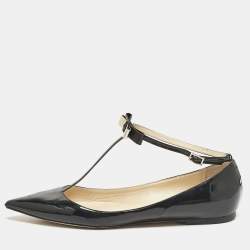 Jimmy Choo Black Patent Leather Bow Ankle Strap Ballet Flats Size 41