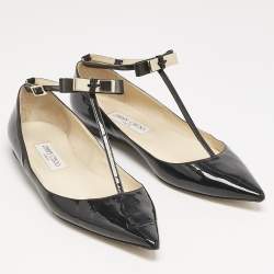 Jimmy Choo Black Patent Leather Bow Ankle Strap Ballet Flats Size 41