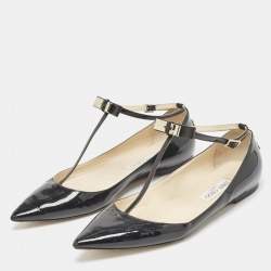 Jimmy Choo Black Patent Leather Bow Ankle Strap Ballet Flats Size 41