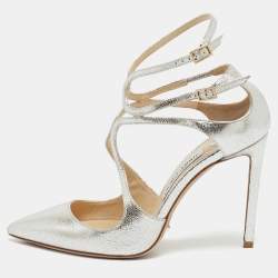 Jimmy Choo Metallic Silver Leather Lancer Ankle Strap Pumps Size 38