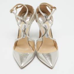 Jimmy Choo Metallic Silver Leather Lancer Ankle Strap Pumps Size 38