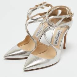 Jimmy Choo Metallic Silver Leather Lancer Ankle Strap Pumps Size 38