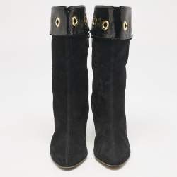Jimmy Choo Black Patent Leather and Suede Eyelet Mid Calf Boots Size 36