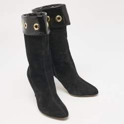 Jimmy Choo Black Patent Leather and Suede Eyelet Mid Calf Boots Size 36