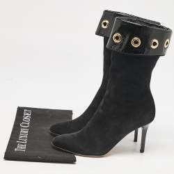 Jimmy Choo Black Patent Leather and Suede Eyelet Mid Calf Boots Size 36