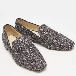 Jimmy Choo Black/Silver Glitter Jaida Smoking Slippers Size 37