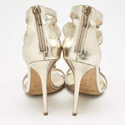 Jimmy Choo Gold Leather and Suede Crystal Embellished Escape T-Strap Sandals Size 38