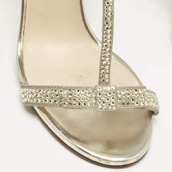 Jimmy Choo Gold Leather and Suede Crystal Embellished Escape T-Strap Sandals Size 38
