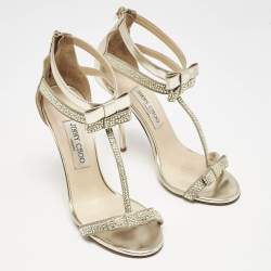 Jimmy Choo Gold Leather and Suede Crystal Embellished Escape T-Strap Sandals Size 38