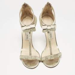Jimmy Choo Gold Leather and Suede Crystal Embellished Escape T-Strap Sandals Size 38