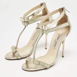 Jimmy Choo Gold Leather and Suede Crystal Embellished Escape T-Strap Sandals Size 38
