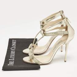 Jimmy Choo Gold Leather and Suede Crystal Embellished Escape T-Strap Sandals Size 38