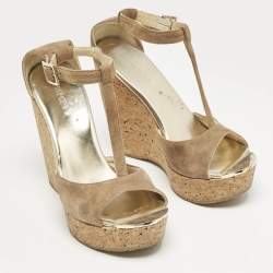 Jimmy Choo Beige Suede Pela Cork T-Strap Sandals Size 38