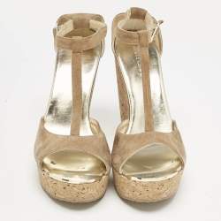 Jimmy Choo Beige Suede Pela Cork T-Strap Sandals Size 38