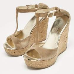 Jimmy Choo Beige Suede Pela Cork T-Strap Sandals Size 38