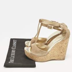 Jimmy Choo Beige Suede Pela Cork T-Strap Sandals Size 38