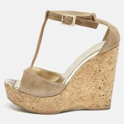 Jimmy Choo Beige Suede Pela Cork T-Strap Sandals Size 38