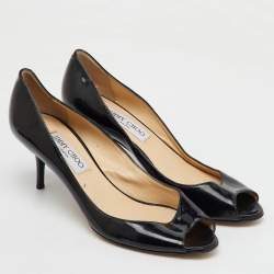 Jimmy Choo Black Patent Leather Peep Toe Pumps Size 37.5
