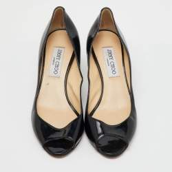 Jimmy Choo Black Patent Leather Peep Toe Pumps Size 37.5