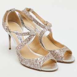 Jimmy Choo Metallic Silver Coarse Glitter Emily Open Toe Sandals Size 40