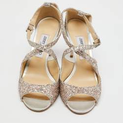Jimmy Choo Metallic Silver Coarse Glitter Emily Open Toe Sandals Size 40