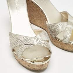 Jimmy Choo Grey Python Embossed Leather Prima Cork Wedge Platform Sandals Size 38