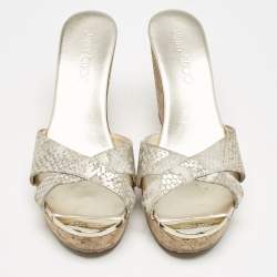 Jimmy Choo Grey Python Embossed Leather Prima Cork Wedge Platform Sandals Size 38