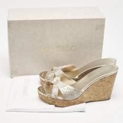 Jimmy Choo Grey Python Embossed Leather Prima Cork Wedge Platform Sandals Size 38