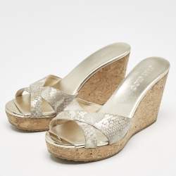 Jimmy Choo Grey Python Embossed Leather Prima Cork Wedge Platform Sandals Size 38