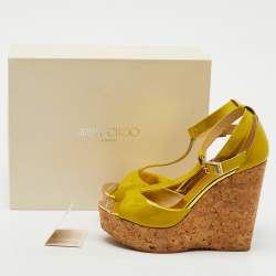 Jimmy Choo Lime Green Patent Leather Pania Cork Wedge T Strap Sandals Size 39.5