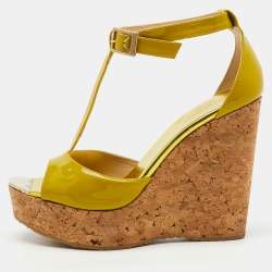 Jimmy Choo Lime Green Patent Leather Pania Cork Wedge T Strap Sandals Size 39.5