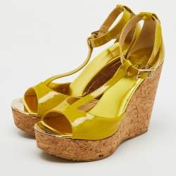 Jimmy Choo Lime Green Patent Leather Pania Cork Wedge T Strap Sandals Size 39.5