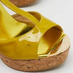 Jimmy Choo Lime Green Patent Leather Pania Cork Wedge T Strap Sandals Size 39.5