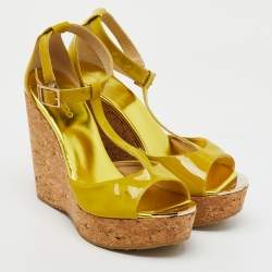 Jimmy Choo Lime Green Patent Leather Pania Cork Wedge T Strap Sandals Size 39.5