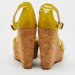 Jimmy Choo Lime Green Patent Leather Pania Cork Wedge T Strap Sandals Size 39.5
