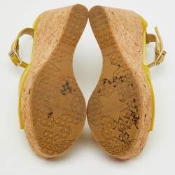 Jimmy Choo Lime Green Patent Leather Pania Cork Wedge T Strap Sandals Size 39.5