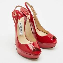 Jimmy Choo Red Patent Leather Nova Slingback Peep Toe Platform Pumps Size 37