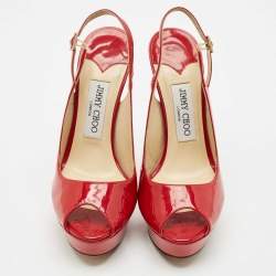 Jimmy Choo Red Patent Leather Nova Slingback Peep Toe Platform Pumps Size 37