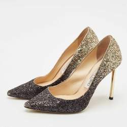 Jimmy Choo Metallic Black/Gold Ombre Coarse Glitter Romy Pointed Toe Pumps Size 37