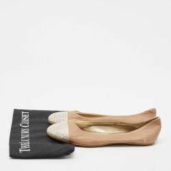 Jimmy Choo Beige/Gold Leather Waine Crystal Embellished Cap Toe Ballet Flats Size 38.5