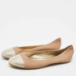 Jimmy Choo Beige/Gold Leather Waine Crystal Embellished Cap Toe Ballet Flats Size 38.5