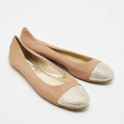 Jimmy Choo Beige/Gold Leather Waine Crystal Embellished Cap Toe Ballet Flats Size 38.5