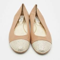 Jimmy Choo Beige/Gold Leather Waine Crystal Embellished Cap Toe Ballet Flats Size 38.5