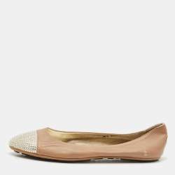 Jimmy Choo Beige/Gold Leather Waine Crystal Embellished Cap Toe Ballet Flats Size 38.5
