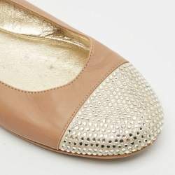 Jimmy Choo Beige/Gold Leather Waine Crystal Embellished Cap Toe Ballet Flats Size 38.5