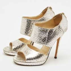 Jimmy Choo Metallic Python Embossed Leather Private Sandals Size 37.5