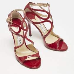 Jimmy Choo Dark Red Patent Leather Lang Ankle Strap Sandals Size 37