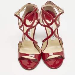 Jimmy Choo Dark Red Patent Leather Lang Ankle Strap Sandals Size 37